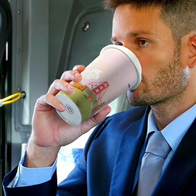 US Landmarks Travel Coffee Mug, Ceramic Coffee Travel Mug with Lid 12 Oz Double-wall To Go Travel Latte Cup for Car-Cup-Holder, Pale Pink for Women Men Girl Boy Sister Friends Birthday Christmas Gift