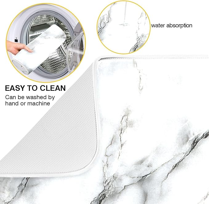 White Marble Pattern Dish Drying Mat for Kitchen Counter Super Absorbent Dishes Pad Reversible Microfiber Protector Dish Draining Mats 16x18 inch