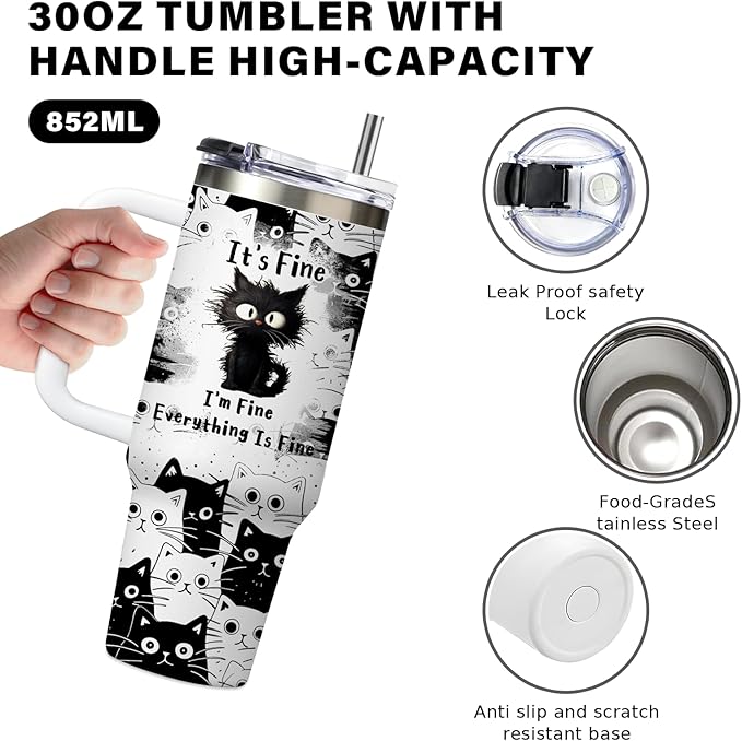Cat Gifts for Women Girls Funny Black Cat Cup Tumbler with Handle 30oz Everything Is Fine Cats Themed Insulated Travel Coffee Mugs Cool Gifts for Cats Lovers Mom Christmas Birthday Present