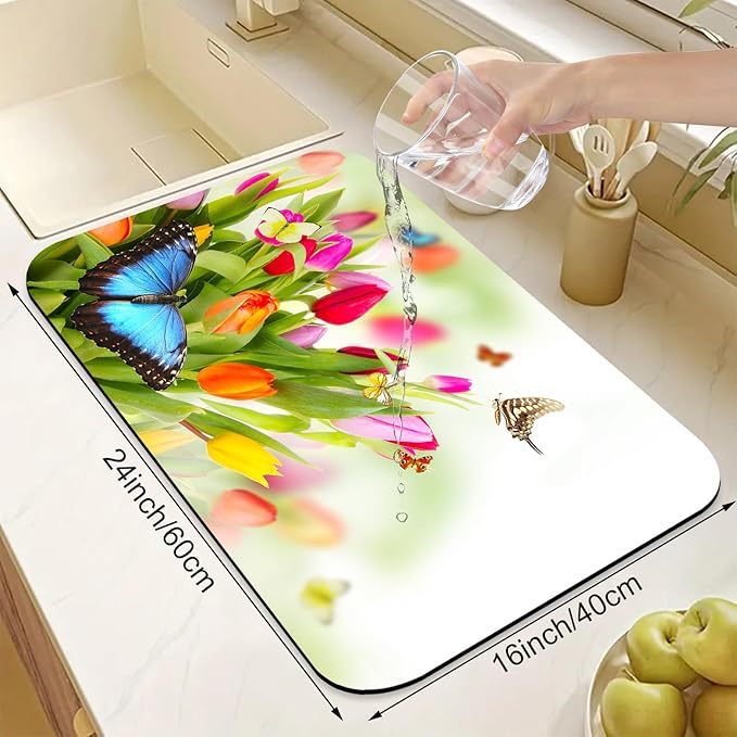 Tulips Butterflies Dish Drying Mats for Kitchen Counter Absorbent Fast Dry Dish Drainer Rack Mats for Dishes Utensils Pot and Pan, Kitchen Accessories 24"x16"