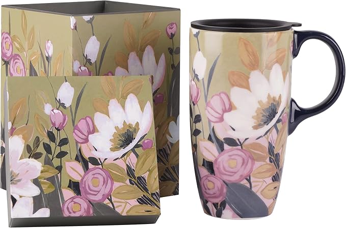 Topadorn Ceramic Mug Coffee Cups with Spill-Proof Lid Latte Mugs for Home and Office with Gift Box,White and Pink Flowers