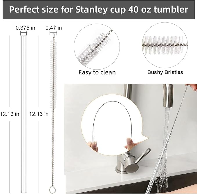 Straw Replacement for Stanley Cup 40 oz | 6 PCS Reusable Straws with Stanley 40oz Tumblers | Reusable Tritan Straws with 1 Cleaning Brush | 12 inch Tumbler Accessories, BPA-Free Dishwasher Safe Clear