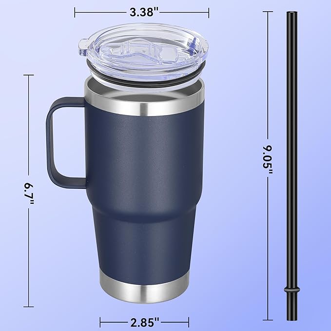 20 oz Stainless Steel Tumbler with Handle Bulk Metal Insulated Tumblers Travel Coffee Mug with Handle Double Wall Tumbler Cup with Lid and Straw, Navy 6 Pack