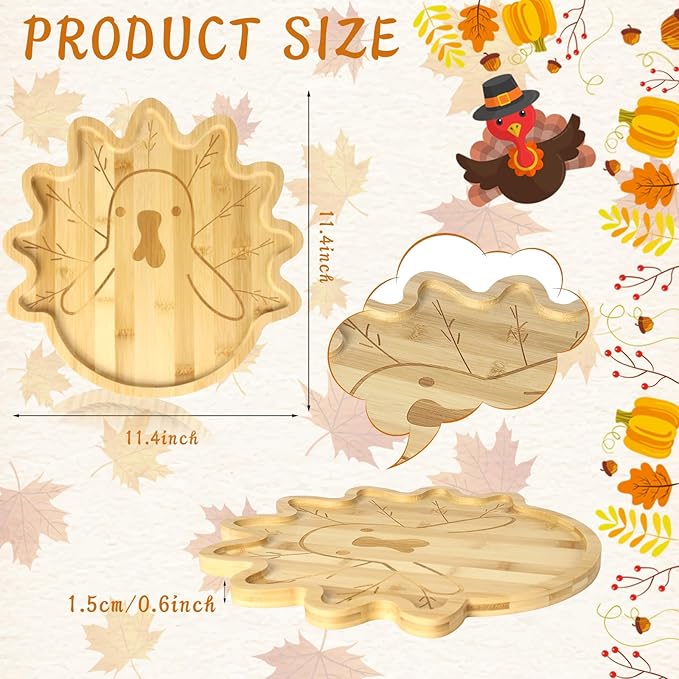 Turkey Plate, Bamboo Turkey Platter, Reusable Dessert Plate, Cute Dinner Plate, Funny Charcuterie Board, Novelty Solid Serving Tray, Birthday Party Decorations (11.4"x11.4"x0.6")