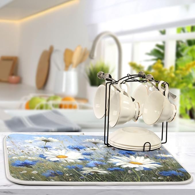 White Daisies and Cornflowers Dish Drying Mat for Kitchen Counter Super Absorbent Dishes Pad Reversible Microfiber Protector Dish Draining Mats 18x24 inch