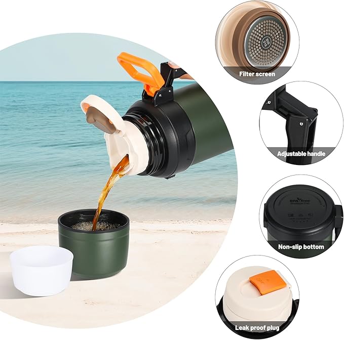 88oz Large Coffee Thermo for Travel, 2500ml Insulated Stainless Steel Water Bottle with Cup and Handle, Water Jug for 24hr Hot and Cold drinks, Vacuum Flask for Camping, Fishing & Working, Olive