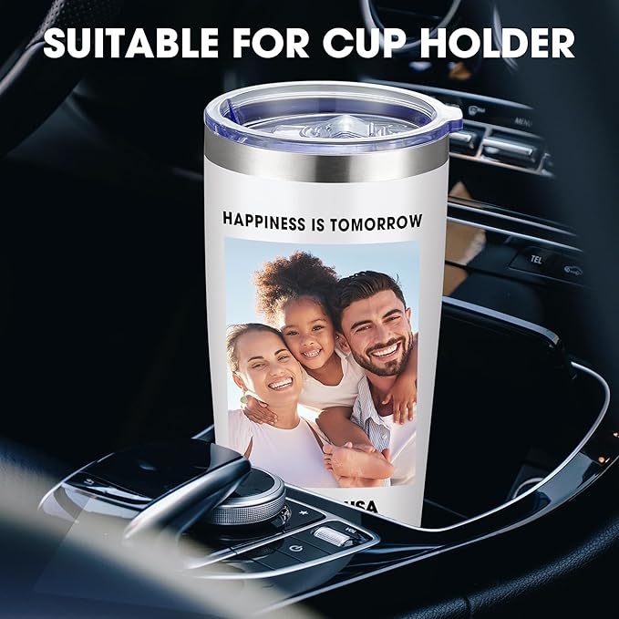 Personalized Custom Tumbler Print in USA 20oz Stainless Steel Coffee Cup with Lid & Straw Double Wall Insulated Tumbler with Colorful Text Logo Photo
