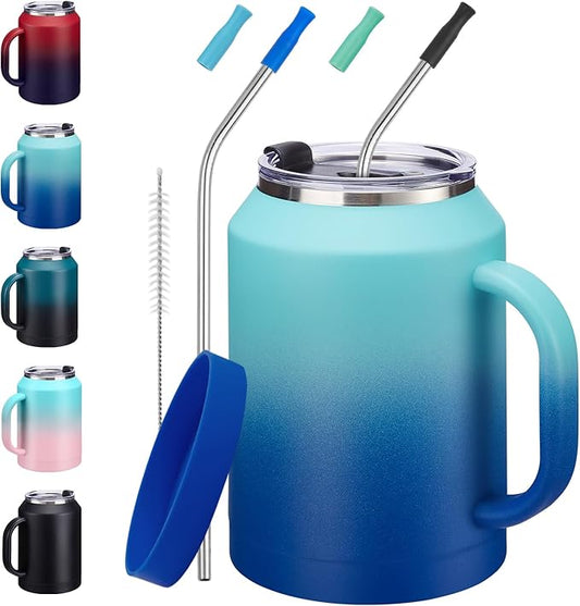 50oz Insulated Mug Tumbler with Handle - Keep Cold-36h & Hot-24h, Stainless Steel Water Jug 50 oz Coffee Mugs with Straw & Spout Lid, Wide Mouth Metal Water Bottle Camping Flask Hospital Cup Travel