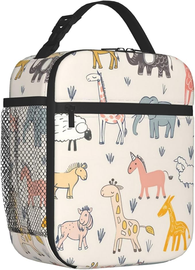Animal Polyester Lunch Box for Kids Teen,Cute Reusable Thermal Lunch Bag for Adult Women,Colorful Insulated Tote Cooler Bags for School,Work,Picnic,Travel,Playful Safari Theme