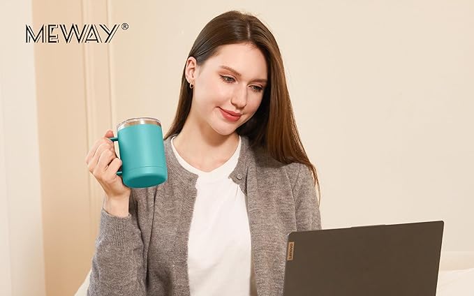 MEWAY 12oz Coffee Mug With Handle 4 Pack Bulk,Stainless Steel Insulated Travel Tumblers With Sliding Lid,Double Wall Vacuum Camping Cup for Hot & Cold Drinks Tea (Light Green,Set of 4)