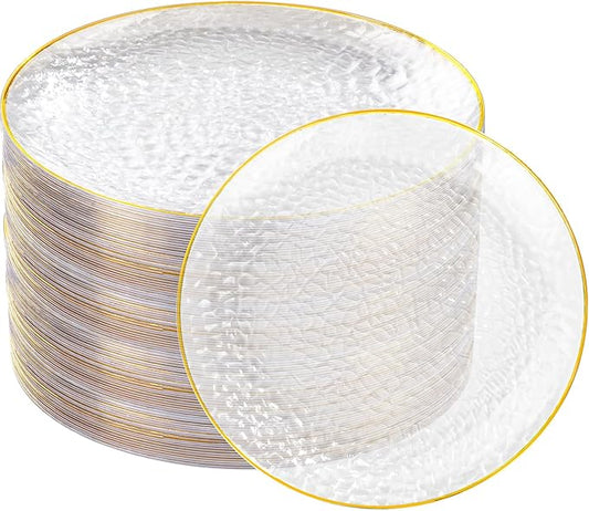 Rubtlamp 100 Pcs Gold Plastic Plates - 10 inch Clear Gold Dinner Plates - Hammer Pattern Design - Fancy Disposable Plate - Heavy Duty Party Plate Ideal for Wedding