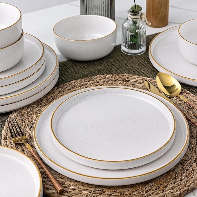 AmorArc Dinnerware Set, 12 Pieces Ceramic Plates and Bowls Set, Stoneware Plates Sets Handpainted, Dishwasher & Microwave Safe Dishes (Speckled White, Service for 4)