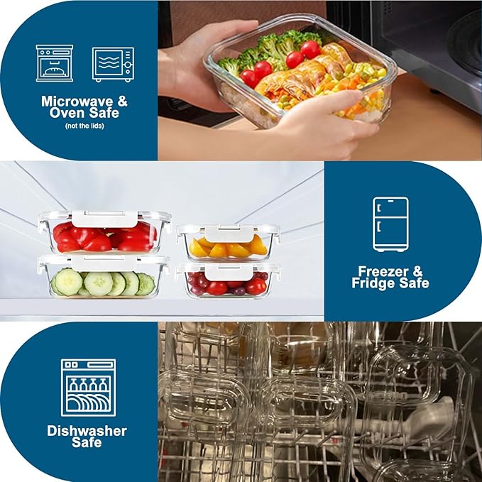 BAYZZ 10 Pack Glass Meal Prep Containers, Glass Food Storage Containers with Lids, Airtight Lunch Box, Freezer,Oven,Microwave and Dishwasher Safe,White