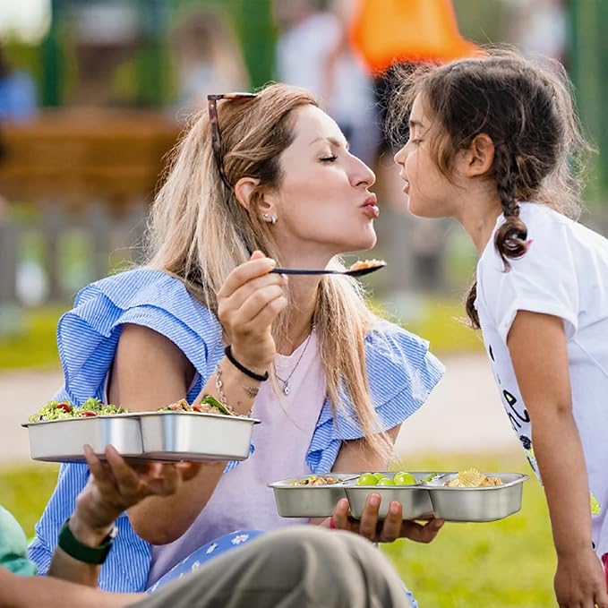 Stainless Steel Snack Containers for Kids Adults, 2 Pack 3 Compartment Metal Snack Containers Box with Lid, Reusable Food Storage Container, Leak Proof, Grab and Go, Blue