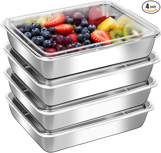 4 Pcs Stainless Steel Food Containers with Clear Lids, Stackable Snack Storage Boxes, Deli Meat Keeper for Refrigerator or Picnic, BBQ Party, Office, Gym Lunch