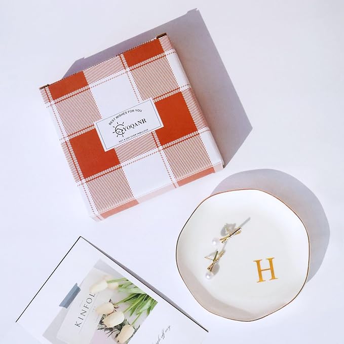 Ceramic Jewelry Tray Initial Ring Dish Personalized H-Monogrammed Engagement Wedding Gifts, for Birthday Mother's Day Christmas for Women, Ceramic White 4.75" (H)