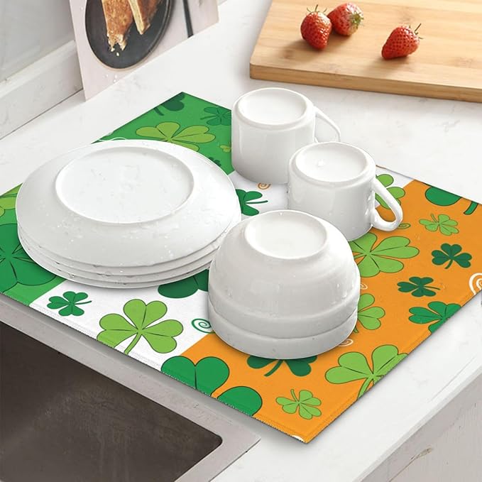 St. Patrick'S Day Lucky Shamrocks Pattern Irish Clover Celebration Day Drying Mat 16x18 Inch For Kitchen Counter Drying Mats Dish For Kitchen Counter Easy Clean Kitchen