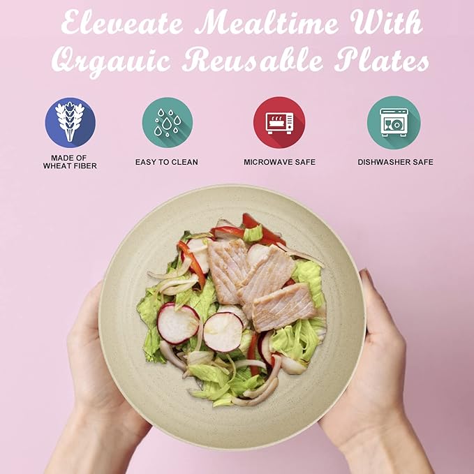 Wrova Wheat Straw Dinner Plates Set of 8 - 10 Inch Unbreakable, Dishwasher & Microwave Safe, Lightweight for Kitchen, R.V. (Beige)