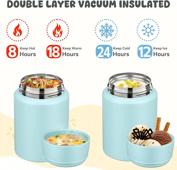 17oz Soup Thermo for Hot Food Kids Insulated Food Jar,Thermo Hot Food Lunch Container, Width Mouth Stainless Steel Lunch Box for Kids with Handle Folding Spoon(Ice Blue - Pure)
