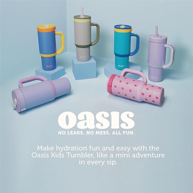 Ello Oasis 18oz Stainless Steel Kids Tumbler with Handle & Retracting Straw, 100% Leakproof, Double-Wall Vacuum Insulated, Kids Water Bottle for School, BPA Free, Dishwasher Safe, Purple Holographic