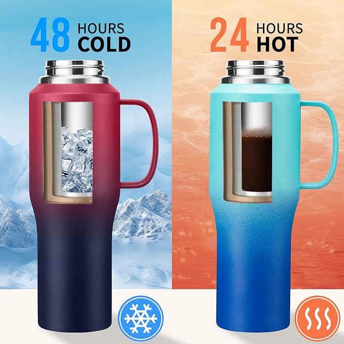 32oz Insulated Water Bottle - with Straw & Spout Lid, Strap Carrier Bag, Cold-48H & Hot-24H, Stainless Steel Travel Tumblers with Handle, Reusable Slim Water Bottle that Fits in Cup Holder