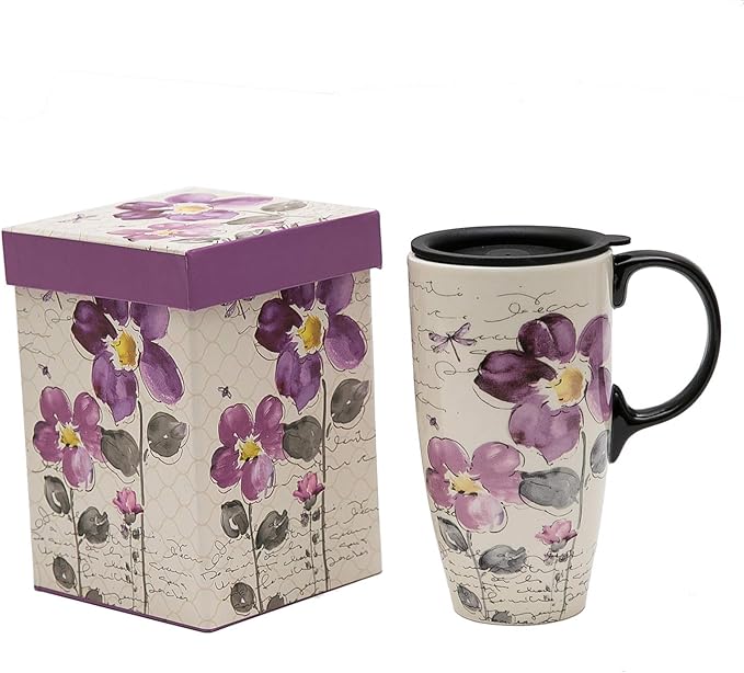 Topadorn Christmas Ceramic Mug Coffee Mugs with Lid and Gift Box for Holiday Party Latte Mug, 17oz. Purple Flower