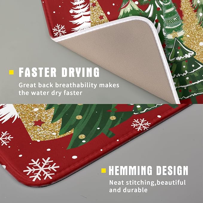 Christmas Red Dish Drying Mats 16x18 Inch, Gold Green Xmas Pine Trees Winter Holiday Absorbent Fast Dry Microfiber Dishes Drainer Rack Pad Farmhouse Rustic Holiday Kitchen Decor