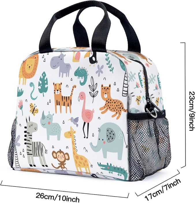 Animal Giraffe Elephant Lion Lunch Bag for Women Men Cute Large Capacity Thermal Lunch Tote Reusable Washable with Adjustable Shoulder Strap and Dual Large Mesh Side Pockets