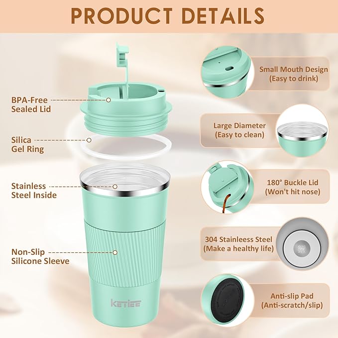 KETIEE 12oz Coffee Mug: Vacuum Insulated Coffee Cup with Leakproof Lid, Travel Coffee Mug Stainless Steel Double Walled Reusable Coffee Cup for Hot and Cold Water Coffee