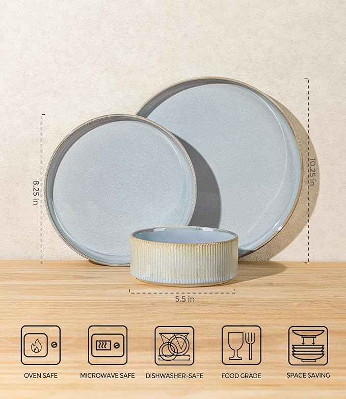TheTerra Ceramic Dinnerware Sets for 6, 18 Pieces Porcelain Lightweight Speckled Plates and Bowls Sets, Scratch Resistant Dish Set, Oven & Microwave & Dishwasher Safe, Illusion Blue
