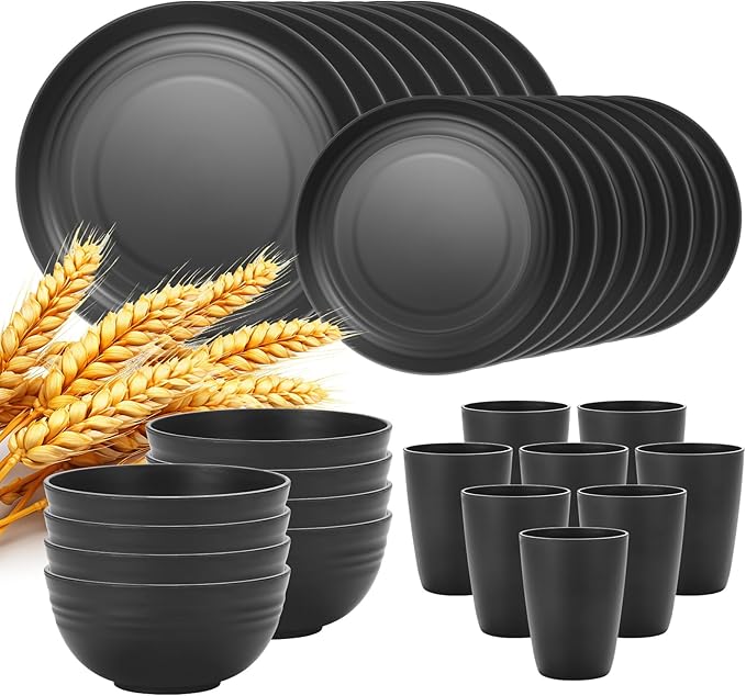 Lazycorner 32Pcs Kitchen Wheat Straw Dinnerware Set, Service for 8, Plastic Reuasble Dinner Dishes Serving Plate Set for Kitchen, Including Dinner Plate, Dessert Plate, Bowl, Cup(Black)