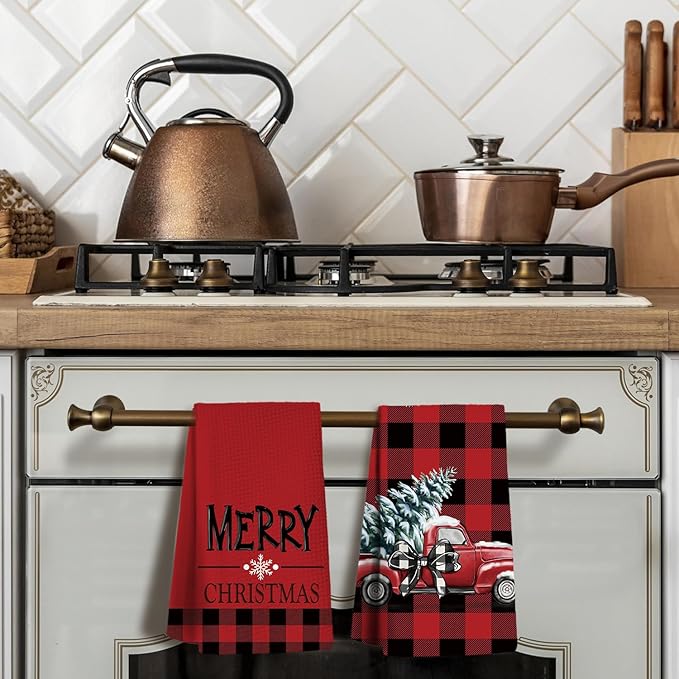 Christmas Kitchen Towels,Red Christmas Dish Towels Set of 2,Buffalo Check Plaid Tea Towels for Kitchen,Christmas Hand Towels for Bathroom,Gifts for Women,Housewarming Gifts 16×24 Inches