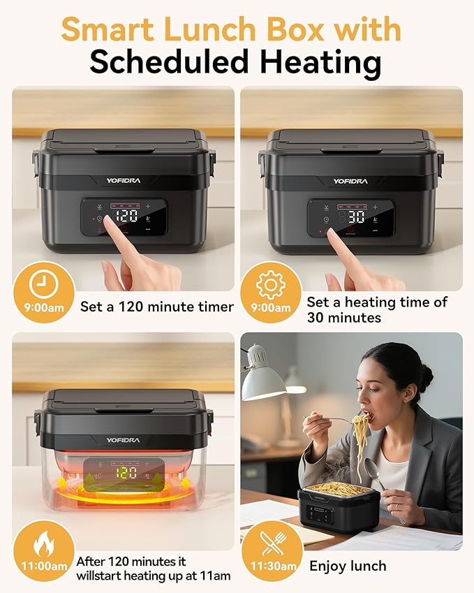 Yofidra Cordless Electric Heated Lunch Box: 6.3 Cups Self Heating Lunch Box with Battery, Timer & Temperature Control, Extra Large Portable Food Warmer for Adults, Men & Women in Office Car Outdoor