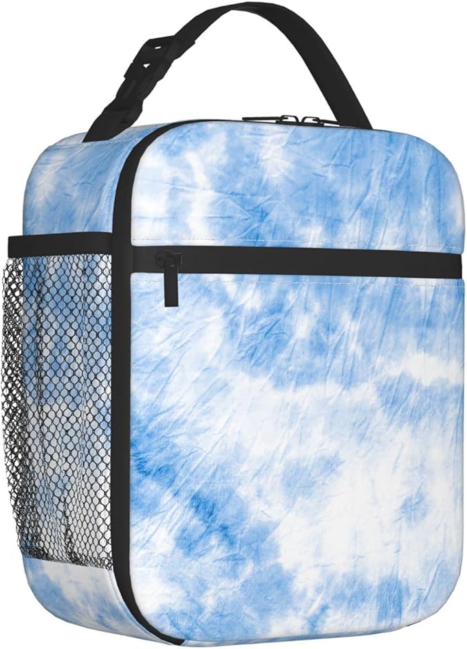 SUPLUCHOM Lunch Box Tie Dye White Blue Art Insulated Bag Reusable with Side Pocket for Work School Picnic Hiking Daytrip Kid Adult Over 3 Years Old