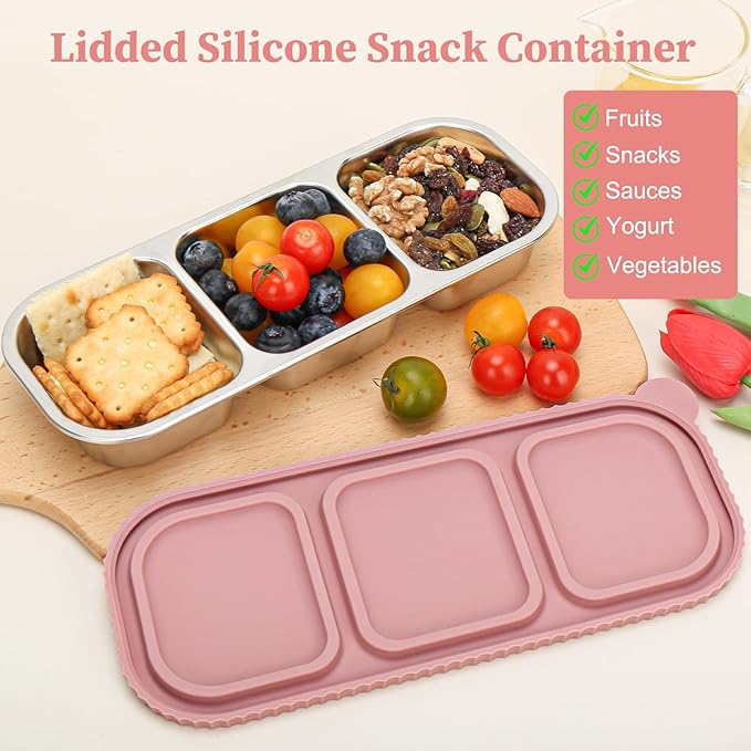 ﻿ 3 Compartment Stainless Steel Snack Containers with Silicone Lids, Reusable Food Storage Containers ，snackle box container for School ，Travel, Outdoor, Camping.