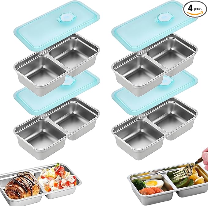 4PCS Grab and Go Snack Containers Stainless Steel Double Compartment Snack Containers, Dishwasher- Reusable Condiment Container with Lids, Snacks Dips Takeout Travel and Outdoor Camping