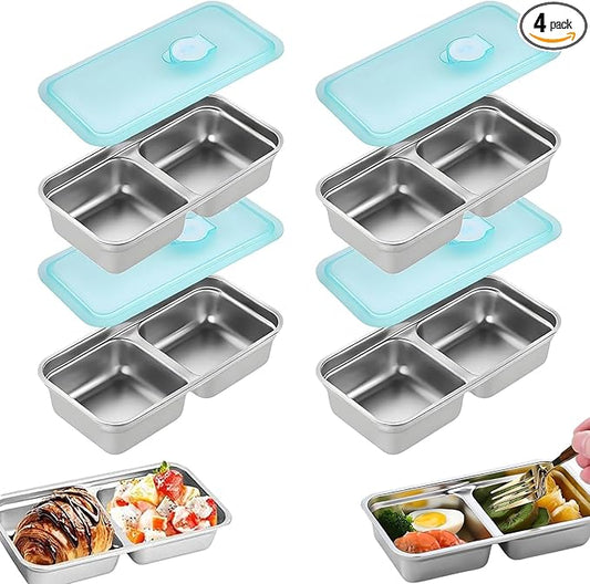 4PCS Grab and Go Snack Containers Stainless Steel Double Compartment Snack Containers, Dishwasher- Reusable Condiment Container with Lids, Snacks Dips Takeout Travel and Outdoor Camping