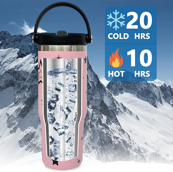 30 oz Tumbler with Handle and Straw, Vacuum Insulated Tumblers with Flip Straw and Top Handle, Leakproof Tumbler, Stainless Steel Travel Mug for Coffee Water, Cold for 20 Hours(Pink Star)