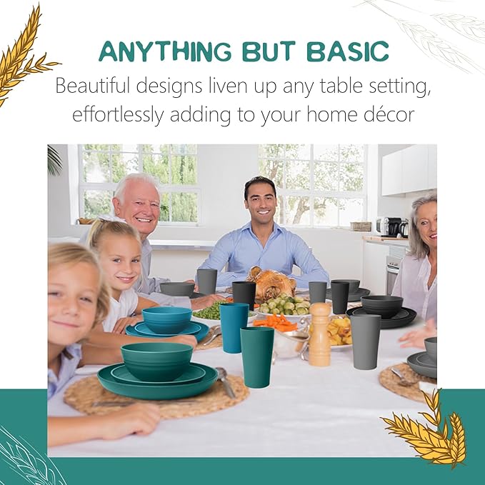 Teivio 32-Piece Kitchen Plastic Wheat Straw Dinnerware Set, Service for 8, Dinner Plates, Dessert Plate, Cereal Bowls, Cups, Unbreakable Colorful Plastic Outdoor Camping Dishes,Coastal