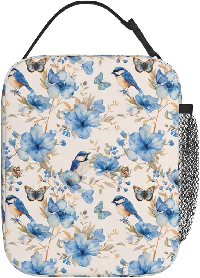 Reusable Blue Floral and Bird Lunch Box for Kids Girls Boys Women Adult, Insulated Elegant Watercolor Lunch Bag,Polyester Cooler Handbags Case for School Picnic Work Travel Beach or Hiking