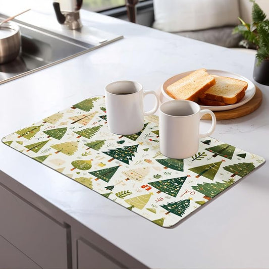 Christmas Tree Dish Drying Mat for Kitchen Counter Microfiber Super Absorbent Non-Slip Dish Drying Pad for Countertops Dishes Utensils Stylish Quick-Dry Machine Washable 18x24 Inch