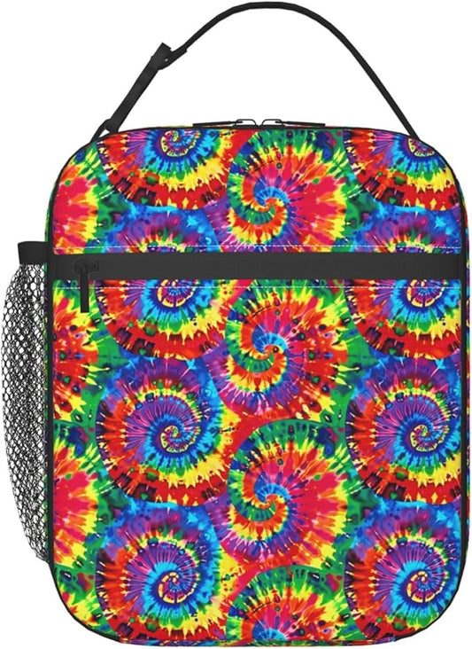 Reusable Tie Dye Lunch Box for Kids Girls Boys Women Adult, Insulated Spiral Lunch Bag,Polyester Cooler Abstract Handbags Case for School Picnic Work Travel Beach or Hiking (Vibrant)