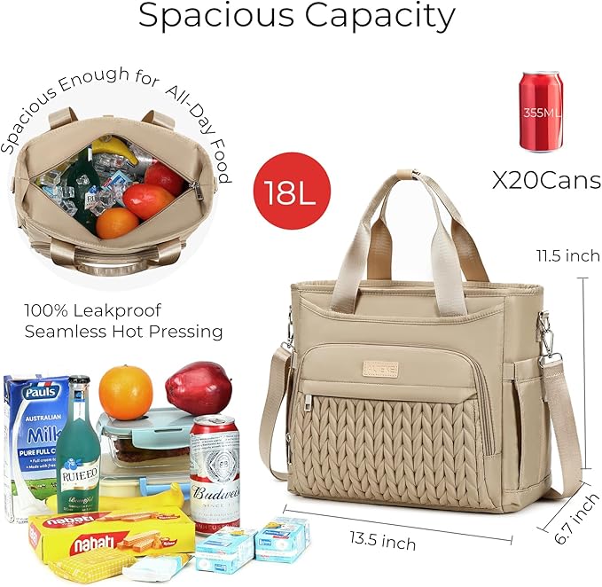 AIJIEKE Insulated Lunch Bag for Men Women, Lunch Box, Lunch Tote for Work, Large Leak Proof Cooler Bag with Removable Strap, Reusable Adult Lunchbag, Picnic, Office, Beach (Brown Taupe)