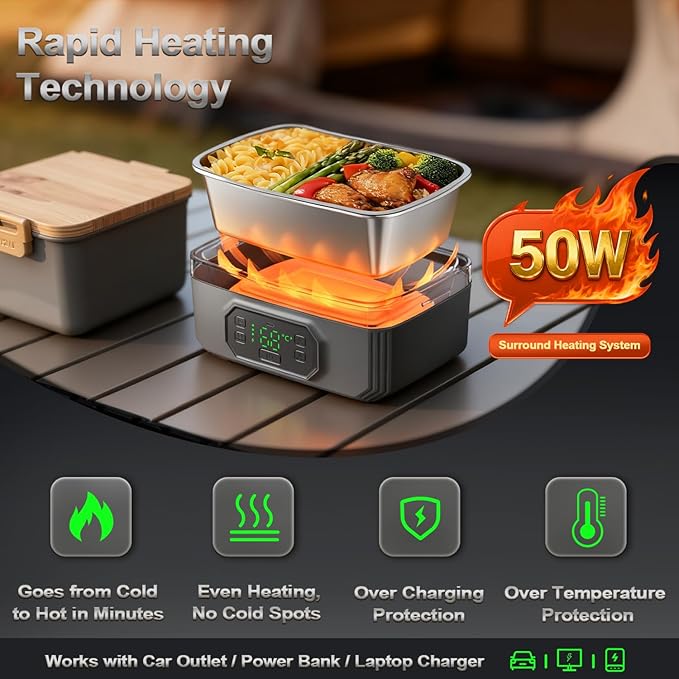 1.2L Cordless Electric Lunch Box - 21000mAh Heated Lunch Box Battery Powered with Automatic Heating, 9-Timer & 5-Temp Setting, Leakproof 304 Stainless Steel Container, Perfect for Office/Truck/Outdoor