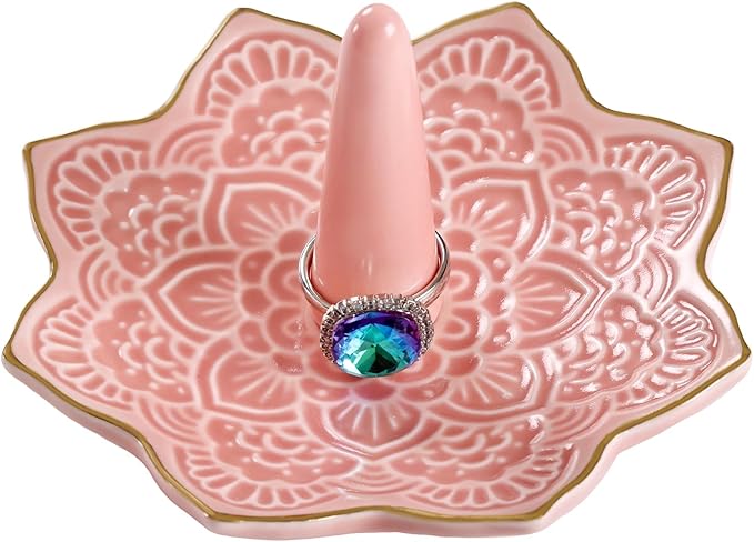 Ceramic Mandala Ring Holder, Decorative Jewelry Dish, Trinket Tray Room Decor, Engagement Wedding Birthday Gifts for Women (pink)