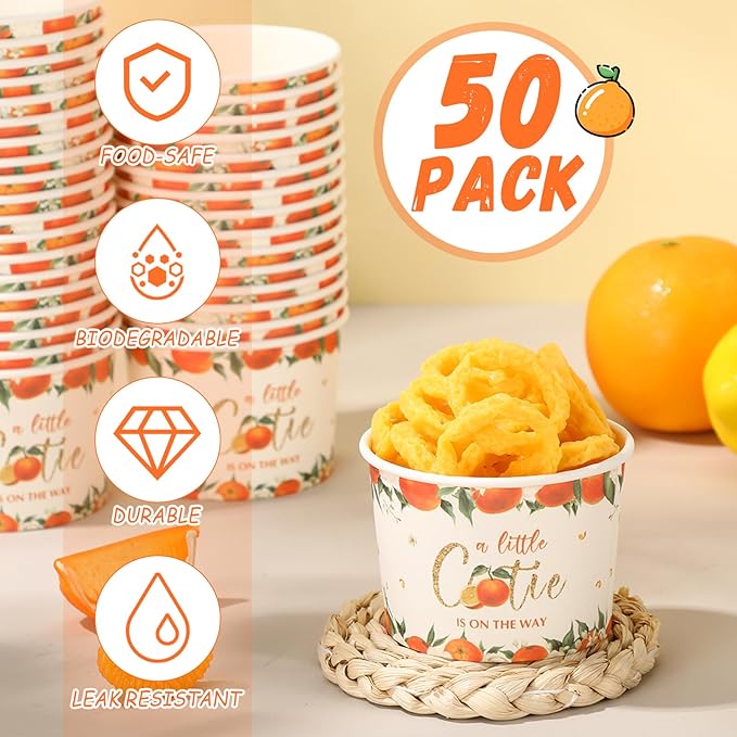 50 Pack Little Cutie Ice Cream Cups 9 oz a Little Cutie Is on The Way Baby Shower Disposable Dessert Bowls Paper Soup Bowls Orange Snack Cups for Hot or Cold Food Birthday Party Supplies