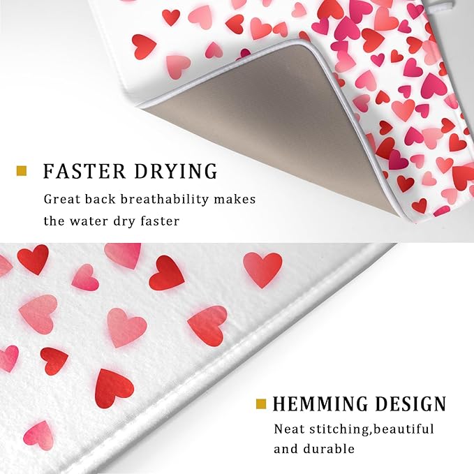 Valentine's Day Dish Drying Mat for Kitchen Counter Hearts Holiday Microfiber Absorbent Dish Draining Reusable Washable Foldable Extra Large 18"x24"