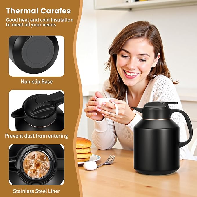 70 oz Thermal Coffee Carafe Insulated for Keeping Hot and Cold, Stainless Steel Thermal Coffee pot for Coffee, Tea, Water for Parties, Black