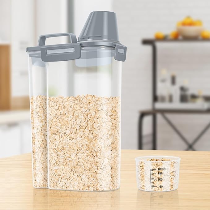 TBMax Rice Container 2 Pack 5 Lbs, Plastic Kitchen Pantry Food Storage Container with Easy pouring Spout and Cup, Small Pet Dog Cat Food Dispenser -Dark Grey