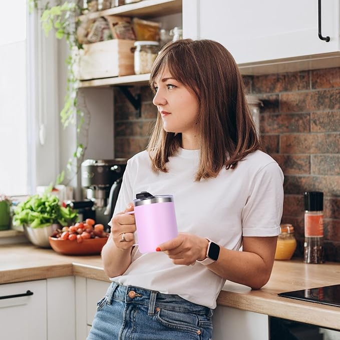 Volhoply 12oz Insulated Leakproof Coffee Mug with Flip & Straw Lid Bulk 4 Pack,Double Wall Vacuum Stainless Steel Travel Tumbler Cup with Handle,Camping Mugs Keep Cold/Hot(Purple,4 Set)
